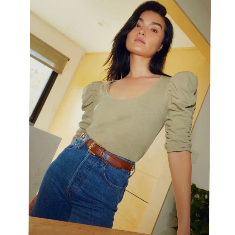 Nation LTD Julietta Ruched Puff Sleeve‎ Tee Top Safari Green Small